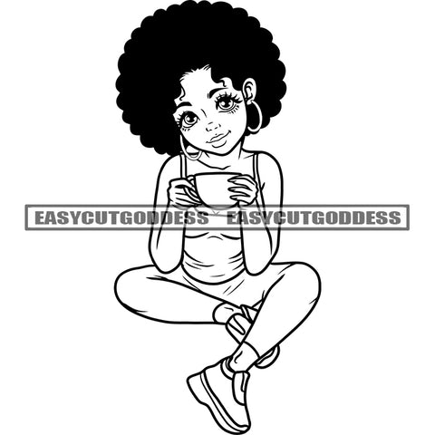 Black And White Afro Girls Holding Coffee Mug Smile Face Afro Hairstyle Wearing Hoop Earing Vector Afro Girls Sitting Design Element Vector SVG JPG PNG Vector Clipart Cricut Silhouette Cut Cutting