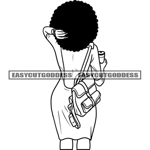 African Woman Backside Look Design Element Holding Coffee Mug Afro Hairstyle Vector School Bag On Side BW Artwork SVG JPG PNG Vector Clipart Cricut Silhouette Cut Cutting