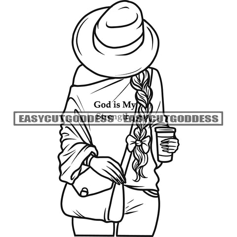 African American Woman Holding Coffee Mug Hide Face Wearing Hat Design Element And Side Bag Long Hairstyle BW Artwork SVG JPG PNG Vector Clipart Cricut Silhouette Cut Cutting