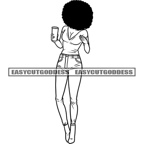 Black And White African Woman Standing And Holding Coffee Mug Afro Hairstyle Hide Face Design Element SVG JPG PNG Vector Clipart Cricut Silhouette Cut Cutting