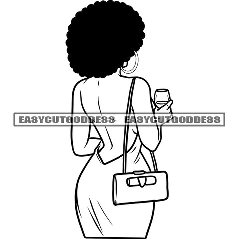 African American Woman Wearing Sexy Dress Holding Coffee Mug Afro Hairstyle Hoop Earing Vector BW SVG JPG PNG Vector Clipart Cricut Silhouette Cut Cutting