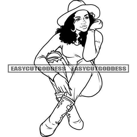 Sexy African American Woman Setting Pose Wearing Hat Curly Hairstyle Smile Face Black And White Artwork Vector SVG JPG PNG Vector Clipart Cricut Silhouette Cut Cutting