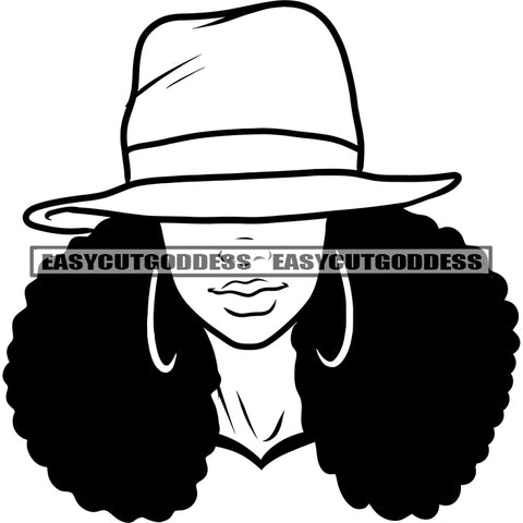 Black And White Artwork African American Woman Face Design Element Wearing Cap And Hoop Earing Curly Hairstyle Head SVG JPG PNG Vector Clipart Cricut Silhouette Cut Cutting