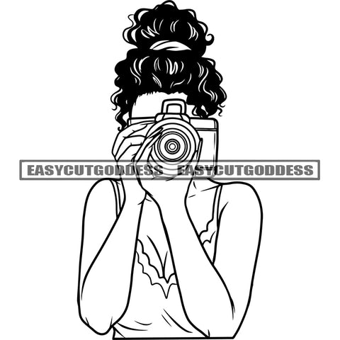 Afro Woman Holding Camera And Take Photo Design Element African American Woman Afro Hairstyle Vector BW Artwork SVG JPG PNG Vector Clipart Cricut Silhouette Cut Cutting