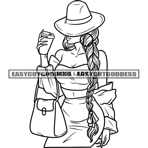 Sexy African American Woman Holding Coffee Mug And Hand Bag Wearing Big Hat Vector Afro Woman Sexy Pose BW SVG JPG PNG Vector Clipart Cricut Silhouette Cut Cutting