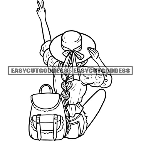 Peach Hand Sign Afro Woman Sitting Pose School Bag On Back Side Long Hairstyle Holding Hat Vector BW Artwork Design Element SVG JPG PNG Vector Clipart Cricut Silhouette Cut Cutting