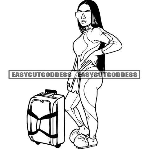 Traveler Woman Standing On His Bag Afro Sexy Woman Wearing Sunglasses Holding Hand Bag Long Hair Artwork BW SVG JPG PNG Vector Clipart Cricut Silhouette Cut Cutting