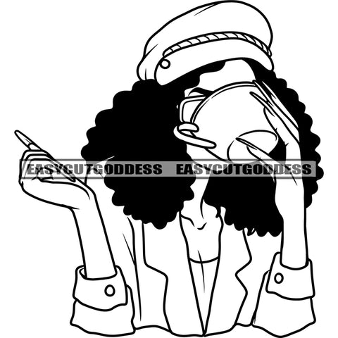 African Woman Holding Coffee Mug And Drinking Coffee Afro Hairstyle Long Nail Hide Face Wearing Cap Vector BW Artwork SVG JPG PNG Vector Clipart Cricut Silhouette Cut Cutting