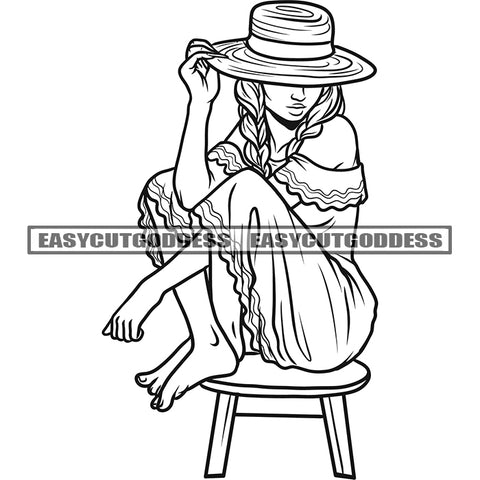 African American Woman Sitting On Chari Wearing Hat Smile Face Afro Girls Sexy Pose Design Element BW Artwork SVG JPG PNG Vector Clipart Cricut Silhouette Cut Cutting