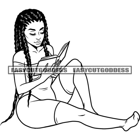 Sexy African American Woman Sitting Pose And Reading Book Locus Long Hairstyle Design Element Close Eyes Wearing Sexy Dress SVG JPG PNG Vector Clipart Cricut Silhouette Cut Cutting