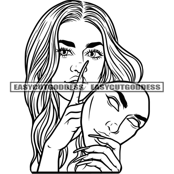 Shut Up Hand Sign Afro Woman Long Hairstyle Long Nail Vector Hand Holding Face Musk Vector BW Artwork SVG JPG PNG Vector Clipart Cricut Silhouette Cut Cutting