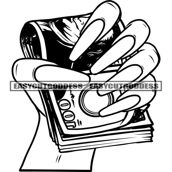 Black And White Artwork Woman Hand Holding Money Bundle Long Nail Money Roll Vector Design Element SVG JPG PNG Vector Clipart Cricut Silhouette Cut Cutting