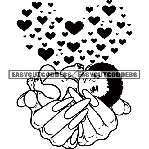 Cute Baby Sleep On Woman Hand Black And White Artwork Baby Face Heart Symbol Dripping Woman Hand Long Nail Vector BW SVG JPG PNG Vector Clipart Cricut Silhouette Cut Cutting