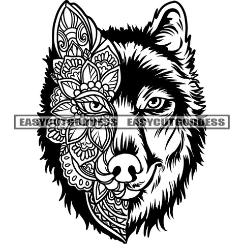 Half Wolf Face Design Element Black And White Artwork Wolf Cartoon Character Face With Flower And Leaf Design SVG JPG PNG Vector Clipart Cricut Silhouette Cut Cutting