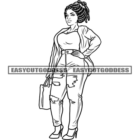 African American Woman Standing Model Pose Afro Sexy Woman Locus Hairstyle Holding Shopping Bag Vector BW SVG JPG PNG Vector Clipart Cricut Silhouette Cut Cutting