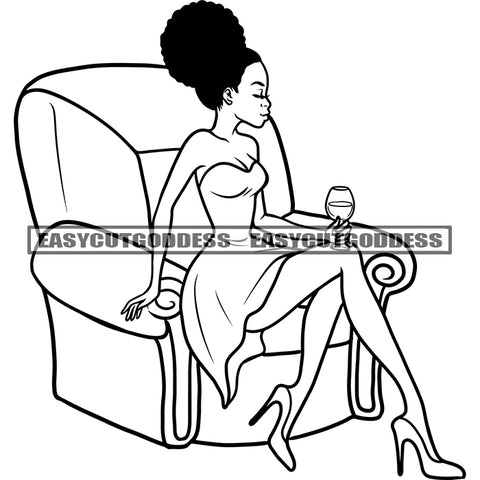 Sexy African American Woman Sitting On Sofa Black And White Artwork Holding Wine Glasses Afro Hairstyle Hot Woman Body SVG JPG PNG Vector Clipart Cricut Silhouette Cut Cutting