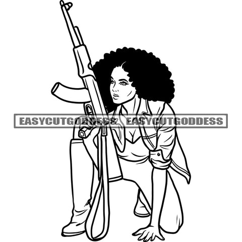 African American Gangster Woman Sitting Pose Holding Gun AK47 Afro Hairstyle Angry Face Woman BW Artwork SVG JPG PNG Vector Clipart Cricut Silhouette Cut Cutting