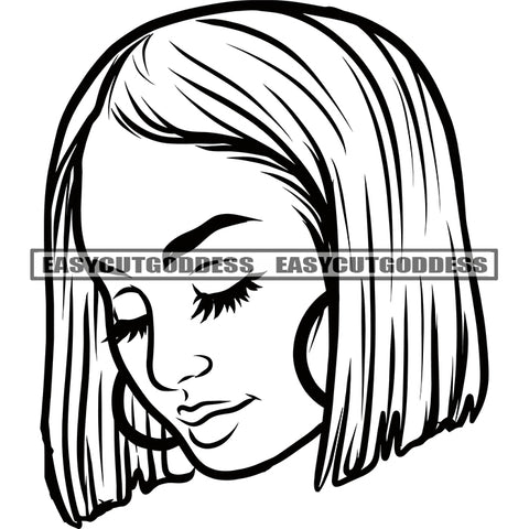 Black And White Artwork African American Woman Face Design Element Wearing Hoop Earing Bob Hairstyle BW SVG JPG PNG Vector Clipart Cricut Silhouette Cut Cutting