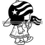 American Baby Girls Holding USA Flag United State Flag Wearing USA Flag Design Cap Black And White Artwork Cute Baby Walking SVG JPG PNG Vector Clipart Cricut Silhouette Cut Cutting