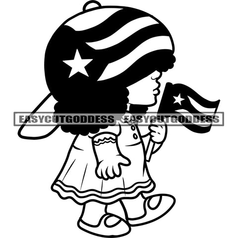 American Baby Girls Holding USA Flag United State Flag Wearing USA Flag Design Cap Black And White Artwork Cute Baby Walking SVG JPG PNG Vector Clipart Cricut Silhouette Cut Cutting