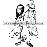 Peach Hand Sign African American Young Couple Standing Wearing Cap Vector Black And White Artwork BW Swag Couple Goals SVG JPG PNG Vector Clipart Cricut Silhouette Cut Cutting
