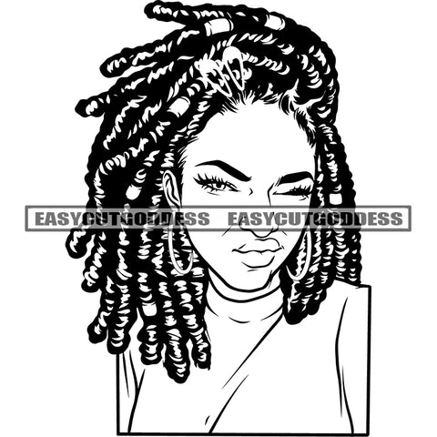 African American Woman Face Design Element Locus Hairstyle Wearing Hoop Earing Kiss Pose Black And White Artwork Sexy Pose SVG JPG PNG Vector Clipart Cricut Silhouette Cut Cutting