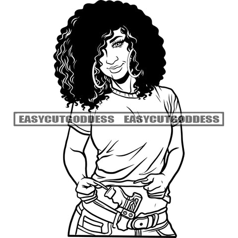 African American Woman Standing Wearing Hoop Earing Afro Sexy Woman Model Pose Curly Hairstyle Black And White Artwork SVG JPG PNG Vector Clipart Cricut Silhouette Cut Cutting