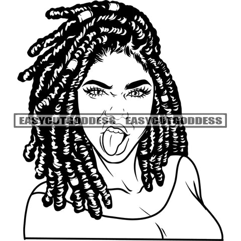 Afro Woman Tounge  Out Of Mouth African American Woman Face Design Element Locus Hairstyle BW Artwork SVG JPG PNG Vector Clipart Cricut Silhouette Cut Cutting