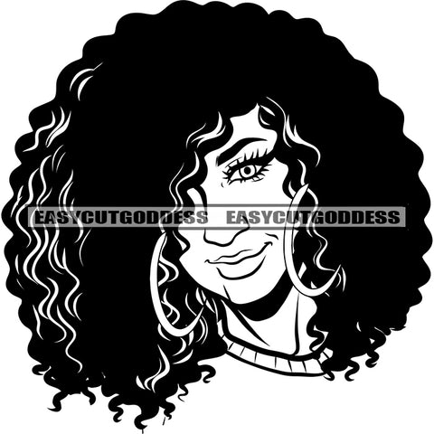 Black And White Artwork Smile Face African American Woman Face Design Element Afro Woman Curly Long Hairstyle Wearing Hoop Earing Smile Face Woman Head BW SVG JPG PNG Vector Clipart Cricut Silhouette Cut Cutting