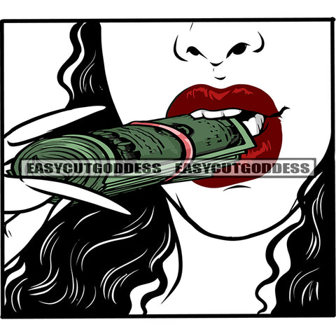 Afro Woman Bite On Money Roll African American Woman Lips And Long Nail Design Element Rubber Roll Red Color Lipstick SVG JPG PNG Vector Clipart Cricut Silhouette Cut Cutting