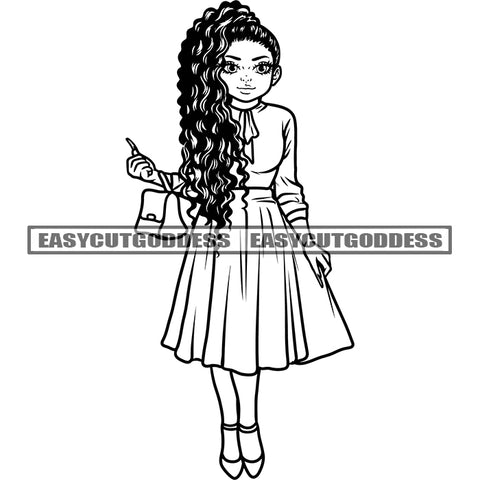 Cute African American Girls Standing Holding Hand Bag Vector Curly Long Hairstyle Design Element Smile Face Cute Pose BW SVG JPG PNG Vector Clipart Cricut Silhouette Cut Cutting