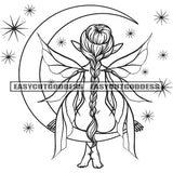 Baby Girls Angle Sitting On Moon Long Hairstyle Wings Artwork Design Element Angle Back Side Pose Cute Angle SVG JPG PNG Vector Clipart Cricut Silhouette Cut Cutting