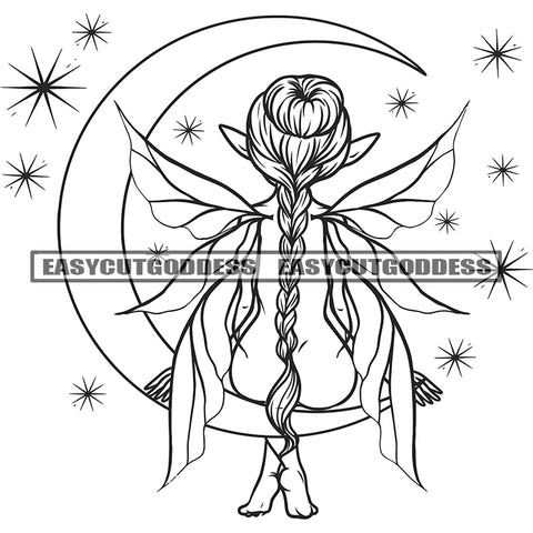 Baby Girls Angle Sitting On Moon Long Hairstyle Wings Artwork Design Element Angle Back Side Pose Cute Angle SVG JPG PNG Vector Clipart Cricut Silhouette Cut Cutting