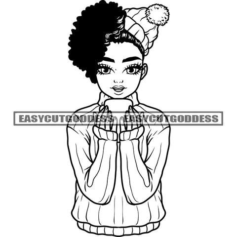 African American Girls Holding Coffee Mug Wearing Hat Afro Short Hairstyle Smile Face Design Element Cute Afro Girls SVG JPG PNG Vector Clipart Cricut Silhouette Cut Cutting