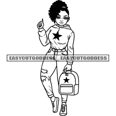 African American Sexy Woman Standing And Holding Hand Bag Afro Hairstyle Vector Smile Face Sexy Body Model Pose Artwork SVG JPG PNG Vector Clipart Cricut Silhouette Cut Cutting