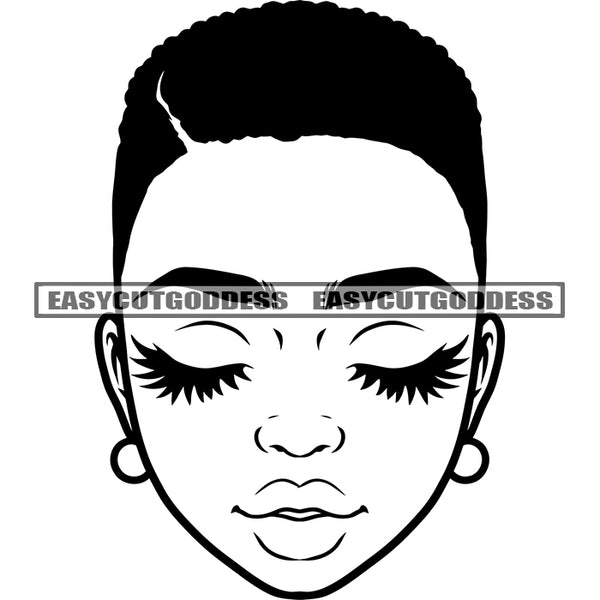 African American Woman Face Design Element Afro Woman Close Eyes Afro Short Hairstyle Black And White Artwork SVG JPG PNG Vector Clipart Cricut Silhouette Cut Cutting