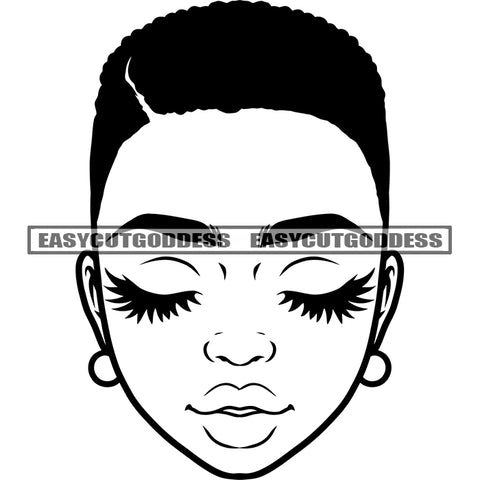 African American Woman Face Design Element Afro Woman Close Eyes Afro Short Hairstyle Black And White Artwork SVG JPG PNG Vector Clipart Cricut Silhouette Cut Cutting