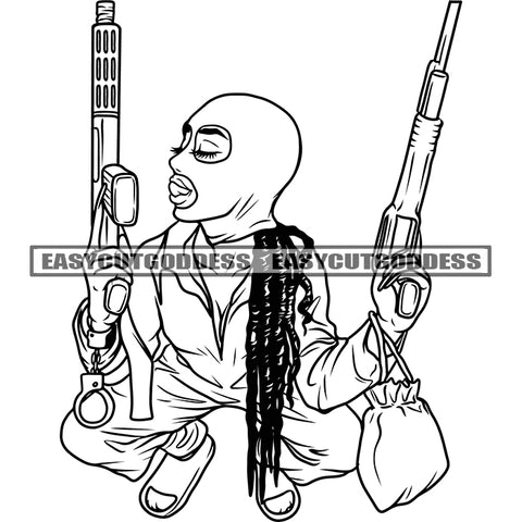 Gangster Woman Holding Gun African American Dangerous Woman Wearing Musk Sitting Pose Afro Woman Locus Hairstyle Vector BW SVG JPG PNG Vector Clipart Cricut Silhouette Cut Cutting