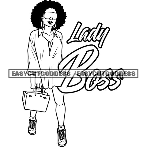 Lady Boss Quote African American Woman Wearing Sunglasses And Holding Hand Bag Vector Afro Hairstyle BW Design Element Smile Face SVG JPG PNG Vector Clipart Cricut Silhouette Cut Cutting