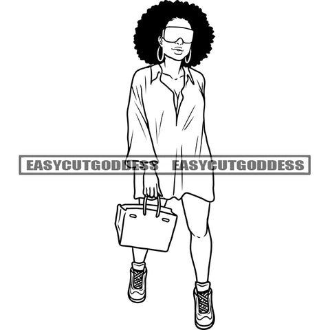 African American Woman Wearing Sunglasses And Holding Hand Bag Woman Walking Vector Afro Hairstyle BW Design Element Smile Face SVG JPG PNG Vector Clipart Cricut Silhouette Cut Cutting