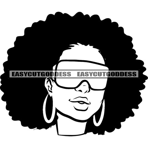 African American Woman Face Design Element Wearing Sunglass And Hoop Earing Afro Short Hairstyle White Background BW SVG JPG PNG Vector Clipart Cricut Silhouette Cut Cutting