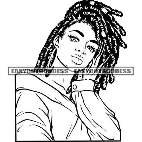 Cute Face Woman African American Woman Sexy Pose Locus Hairstyle Afro Woman Smile Face Design Element BW Artwork SVG JPG PNG Vector Clipart Cricut Silhouette Cut Cutting