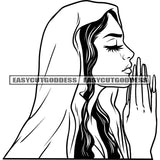 Long Hair African American Woman Hard Praying Hand Woman Side Face Design Element Long Nail Artwork SVG JPG PNG Vector Clipart Cricut Silhouette Cut Cutting