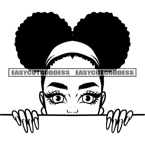 African American Woman Character Peeking Look Design Element Lol Supplies Doll Afro Woman Afro Hairstyle Buns Filled BW Artwork SVG JPG PNG Vector Clipart Cricut Silhouette Cut Cutting