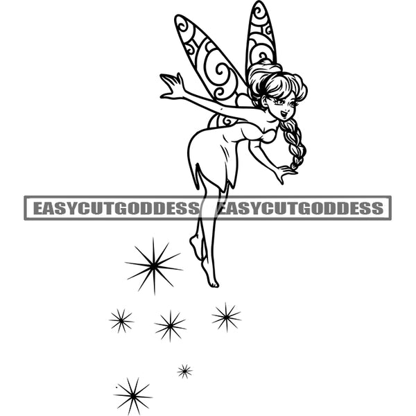 Star Symbol Cute Cartoon Angle Character Long Hairstyle Smile Face Design Element Black And White Artwork Angle Wings SVG JPG PNG Vector Clipart Cricut Silhouette Cut Cutting