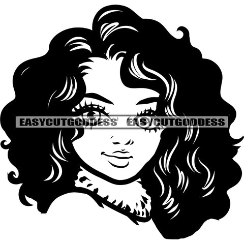 Cute Woman Smile Face Design Element Black And White Artwork Afro Hairstyle Cute African American Woman Head Vector SVG JPG PNG Vector Clipart Cricut Silhouette Cut Cutting