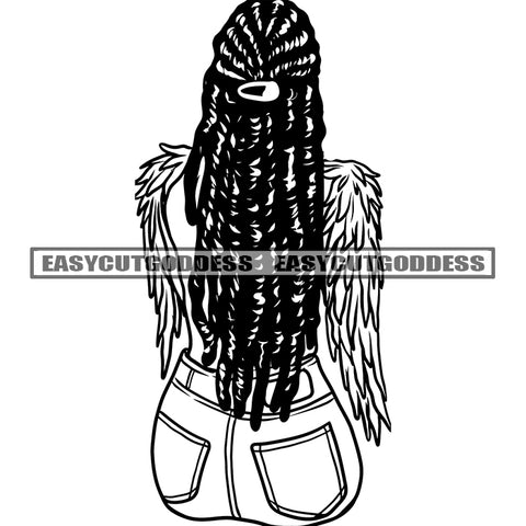 African American Woman Backside Design Element Locus Long Hairstyle Vector Black And White Artwork Angle Wings SVG JPG PNG Vector Clipart Cricut Silhouette Cut Cutting