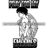 Pray For My Enemies Angle Wings Afro Man Afro Short Hairstyle One Hand Gun African American Man Angle Side Look Design Element BW Artwork Holding Cross SVG JPG PNG Vector Clipart Cricut Silhouette Cut Cutting