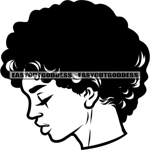 African American Woman Head Design Element Afro Short Hairstyle Close Eyes Black And White Artwork SVG JPG PNG Vector Clipart Cricut Silhouette Cut Cutting