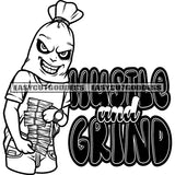 Hustle And Grind Quote Funny Cartoon Character Holding Lot Of Money Bundle Gangster Cartoon Watch On Hand Smile Face Head On Money Bag SVG JPG PNG Vector Clipart Cricut Silhouette Cut Cutting